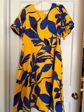 Liz Claiborne Bold Yellow Midi Dress with Blue & Purple Print